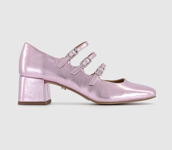 Womens Office Marvellous Triple Strap Mary Jane Block Heels Pink Metallic