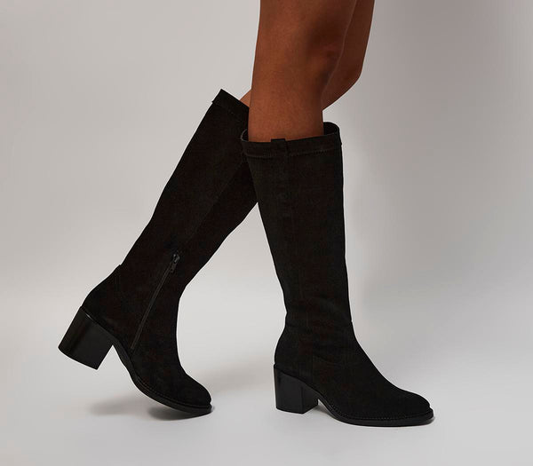 Womens Office Knockout Heeled Knee High Boots Black Suede