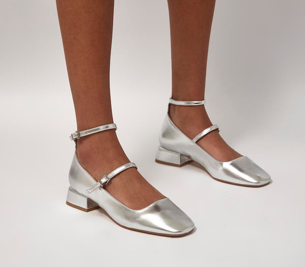 Womens Office Mighty Low Block Ankle Strap Mary Janes Silver