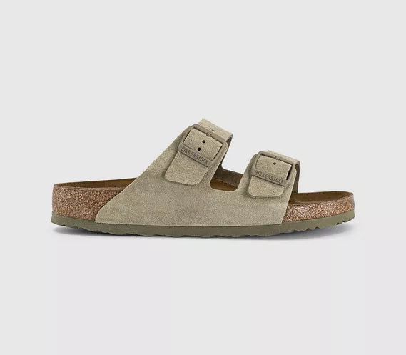 Mens BIRKENSTOCK Arizona Two Strap Sandals Faded Khaki Suede