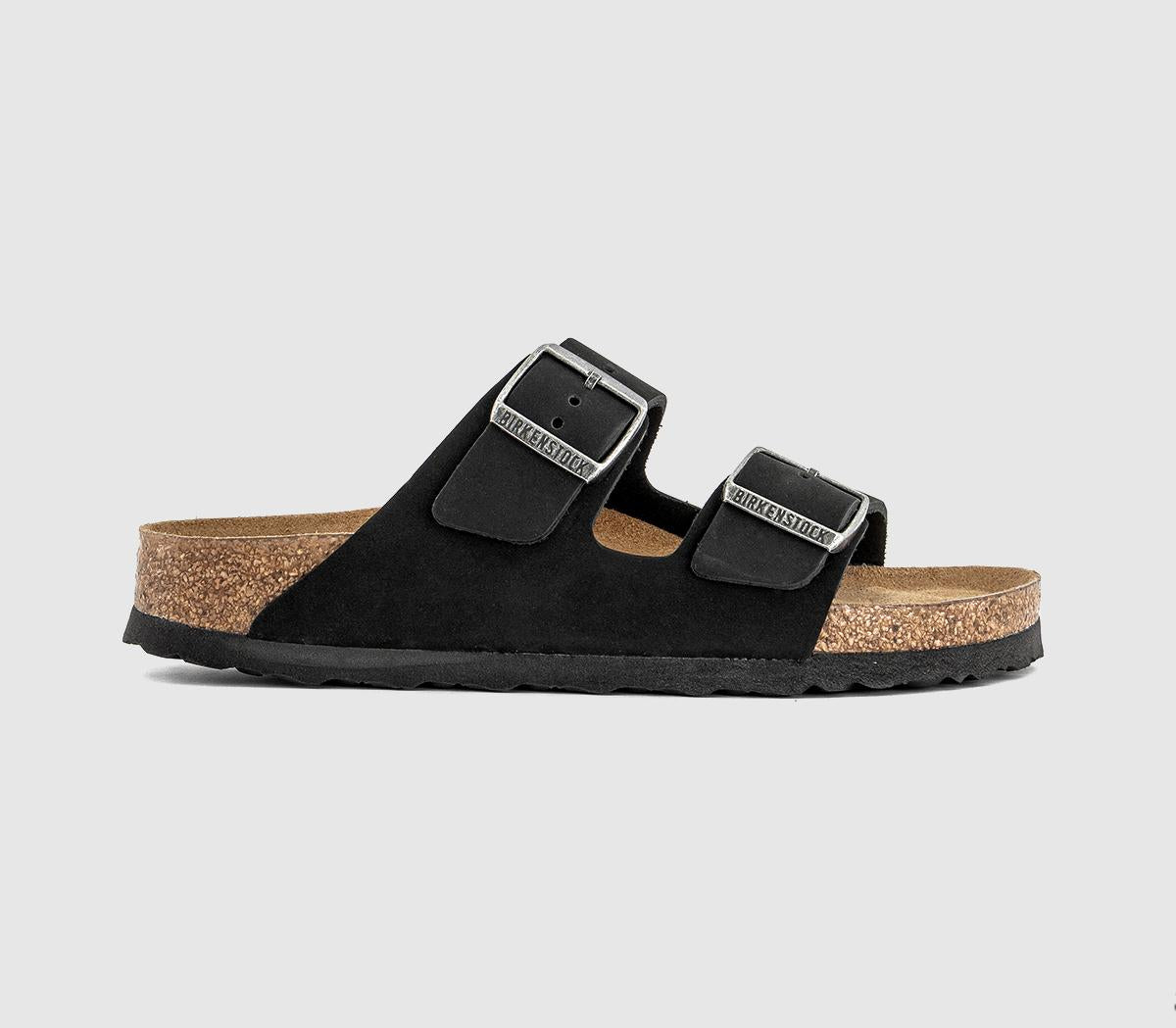 Womens BIRKENSTOCK Arizona Two Strap Soft Footbed Sandals Black Nubuck Sfb