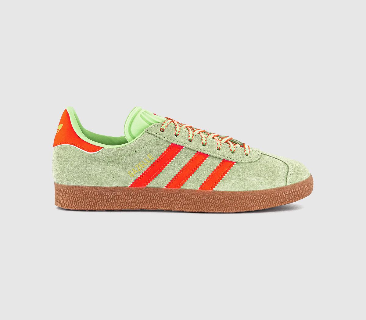 Womens Adidas Gazelle Trainers Semi Green Spark Solar Orange Gum Uk Size 3.5