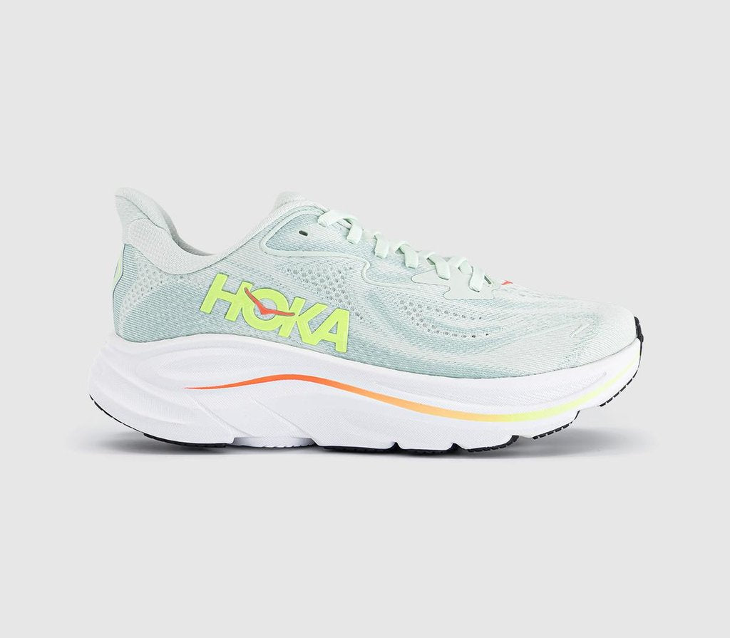 HOKA Clifton 10 Trainers Sea Glass Neon Flame F UK Size 6