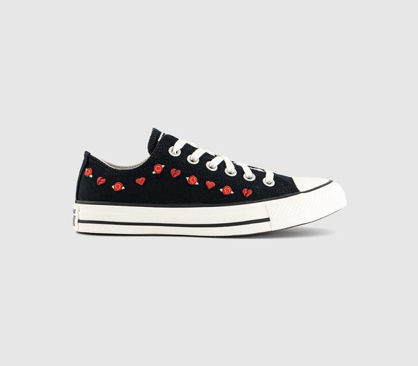 Odd Sizes - Converse All Star Low Trainers Black Red Hearts - UK Sizes Right 5/Left 5.5