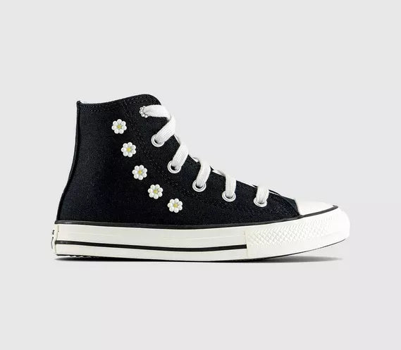 Kids Converse All Star Eva Lift Hi Youth Trainers Black White Floral Beads