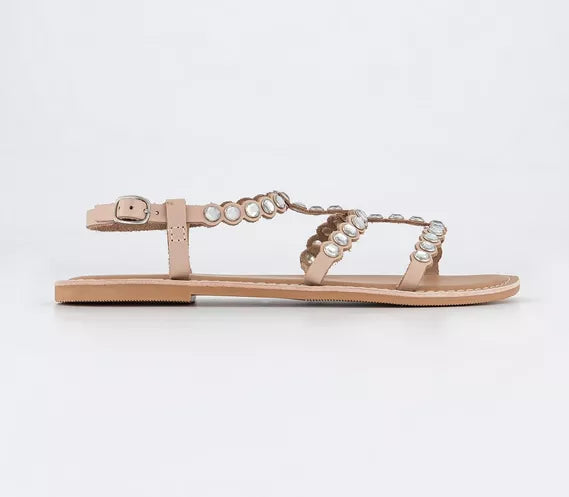 Womens Office Shine Diamante Leather Multi Strap Sandals Nude Embellished