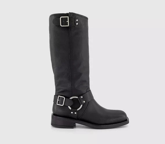 Womens Office Kamden Harness Biker Knee Boots Black Leather