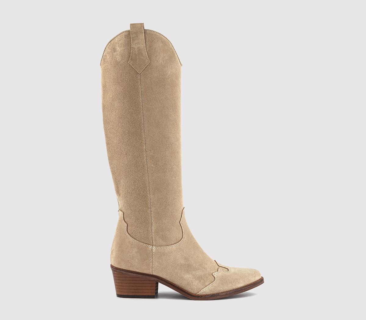 Womens OFFICE Kezia Heeled Western Knee Boots Beige Suede