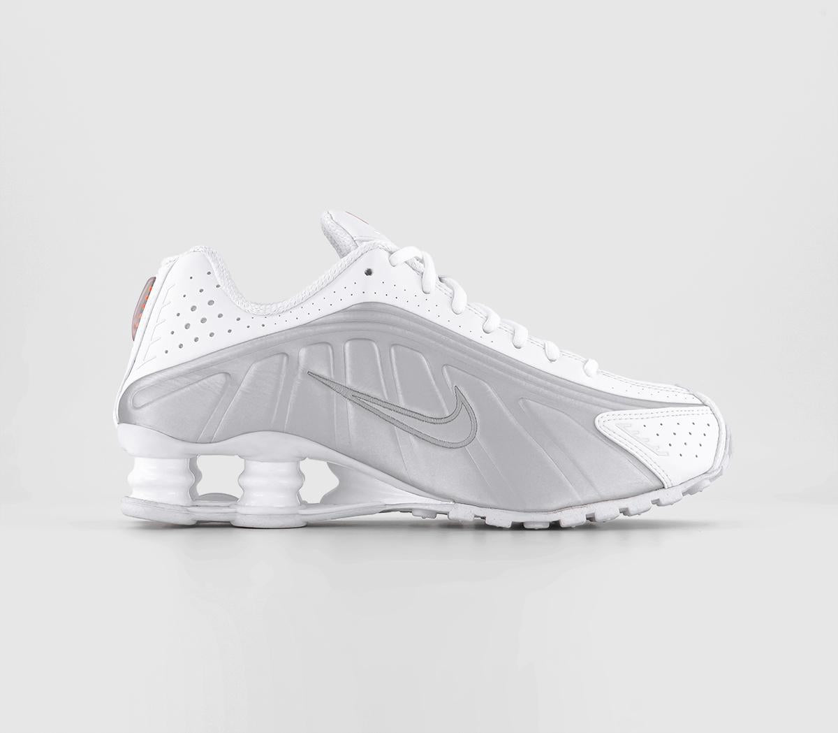 Nike Shox R4 Trainers White White Metallic Silver Max Orange OFFCUTS SHOES by OFFICE