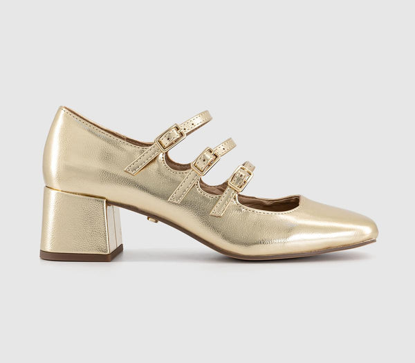 Womens Office Marvellous Triple Strap Mary Jane Block Heel Gold