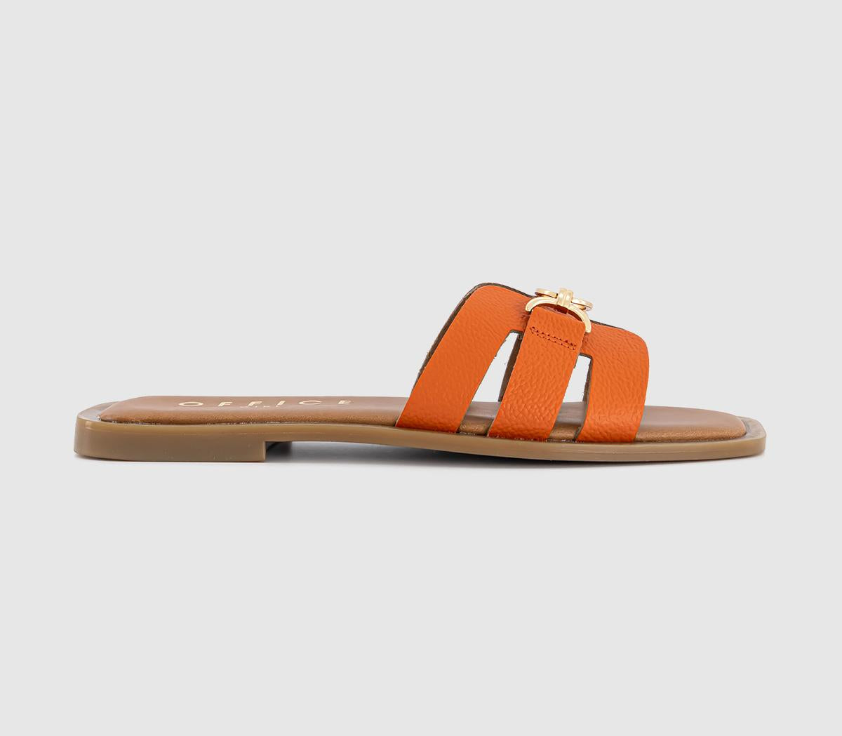 Womens OFFICE Sorrento Gold Trim Slides Orange Leather