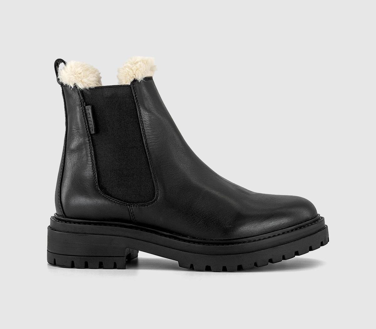 Womens OFFICE Angelica Cleated Chelsea Boots Black Leather Cream Fur Lined