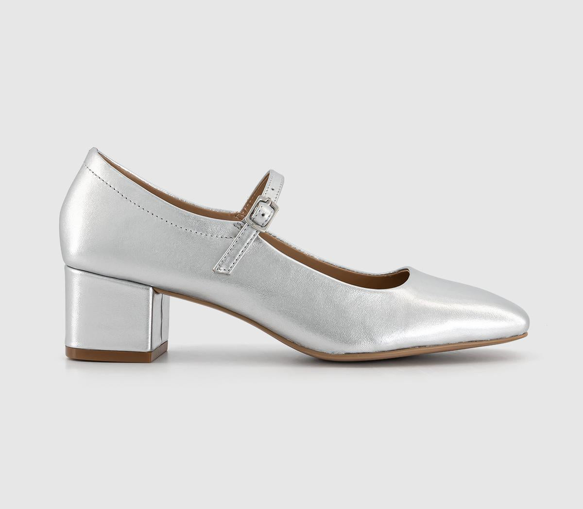 Womens Office Message Heeled Mary Janes Silver Leather