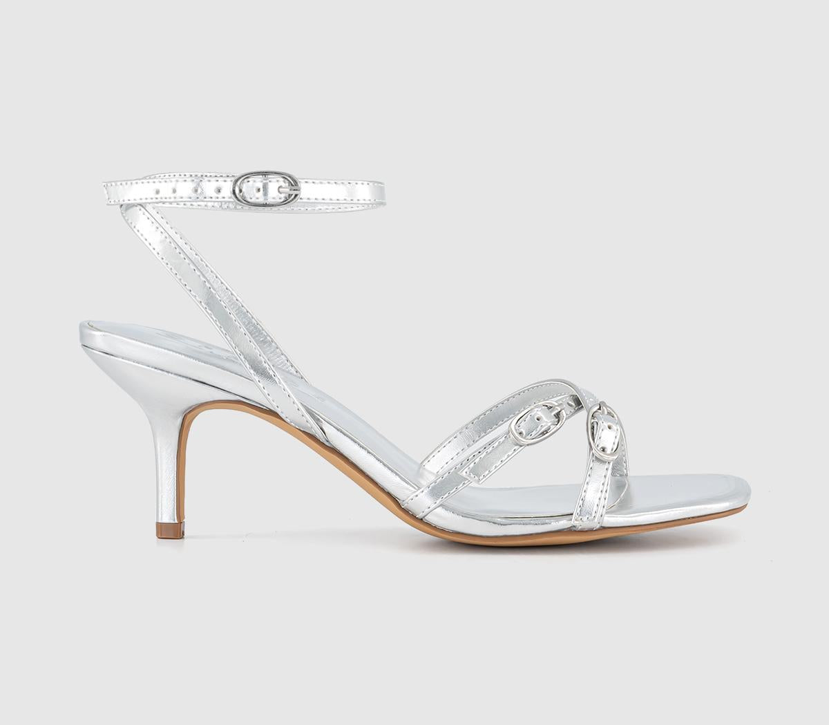 Womens Office Mystic Strappy Kitten Heel Sandals Silver