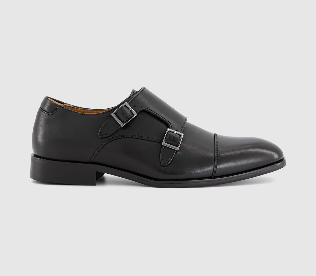 Mens OFFICE Michal Double Strap Monk Shoes Black Leather