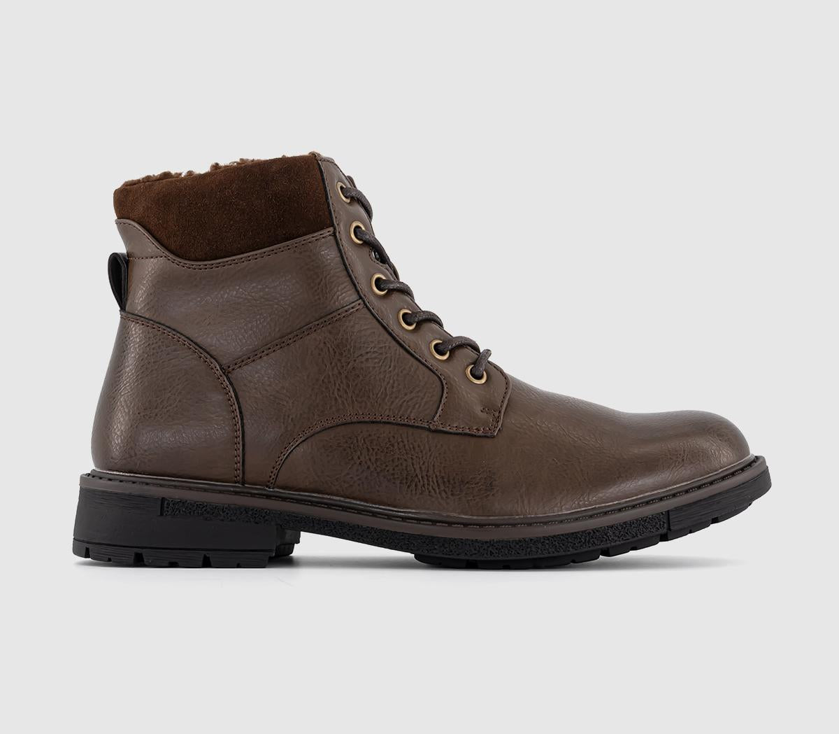 Mens OFFICE Bank Borg Lined Laceup Boots Chocolate Brown