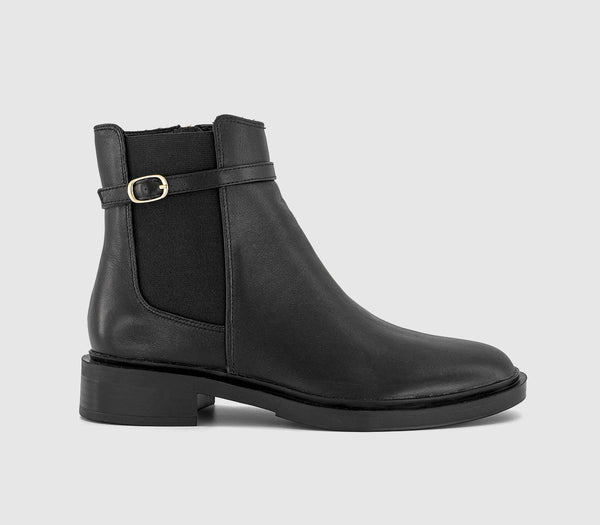 Womens OFFICE Allie Buckle Strap Ankle Chelsea Boots Black Leather