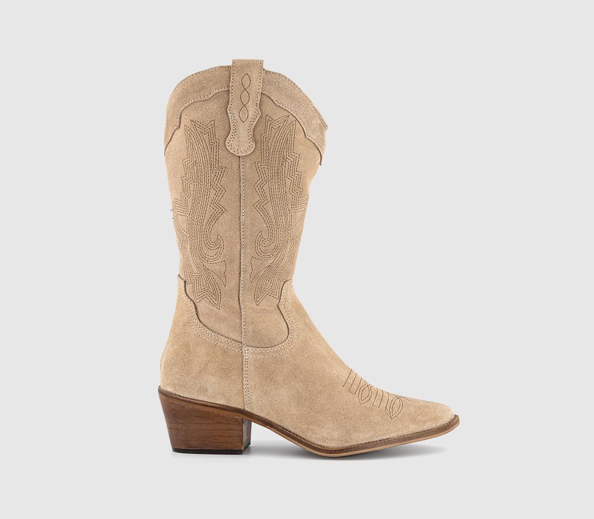 Womens OFFICE Kactus Cowboy Western Boots Beige Suede