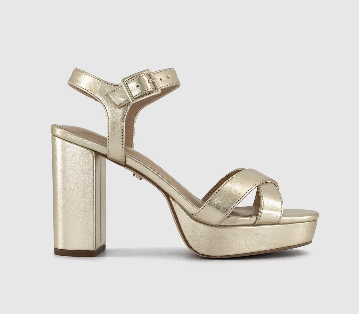 Womens OFFICE Honor Cross Over Platform Block Heel Sandals Gold UK Size 6