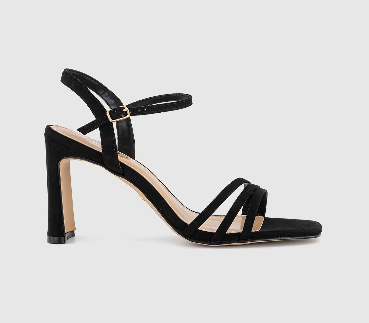 Womens OFFICE Honey Strappy Heeled Sandals Black Faux Suede