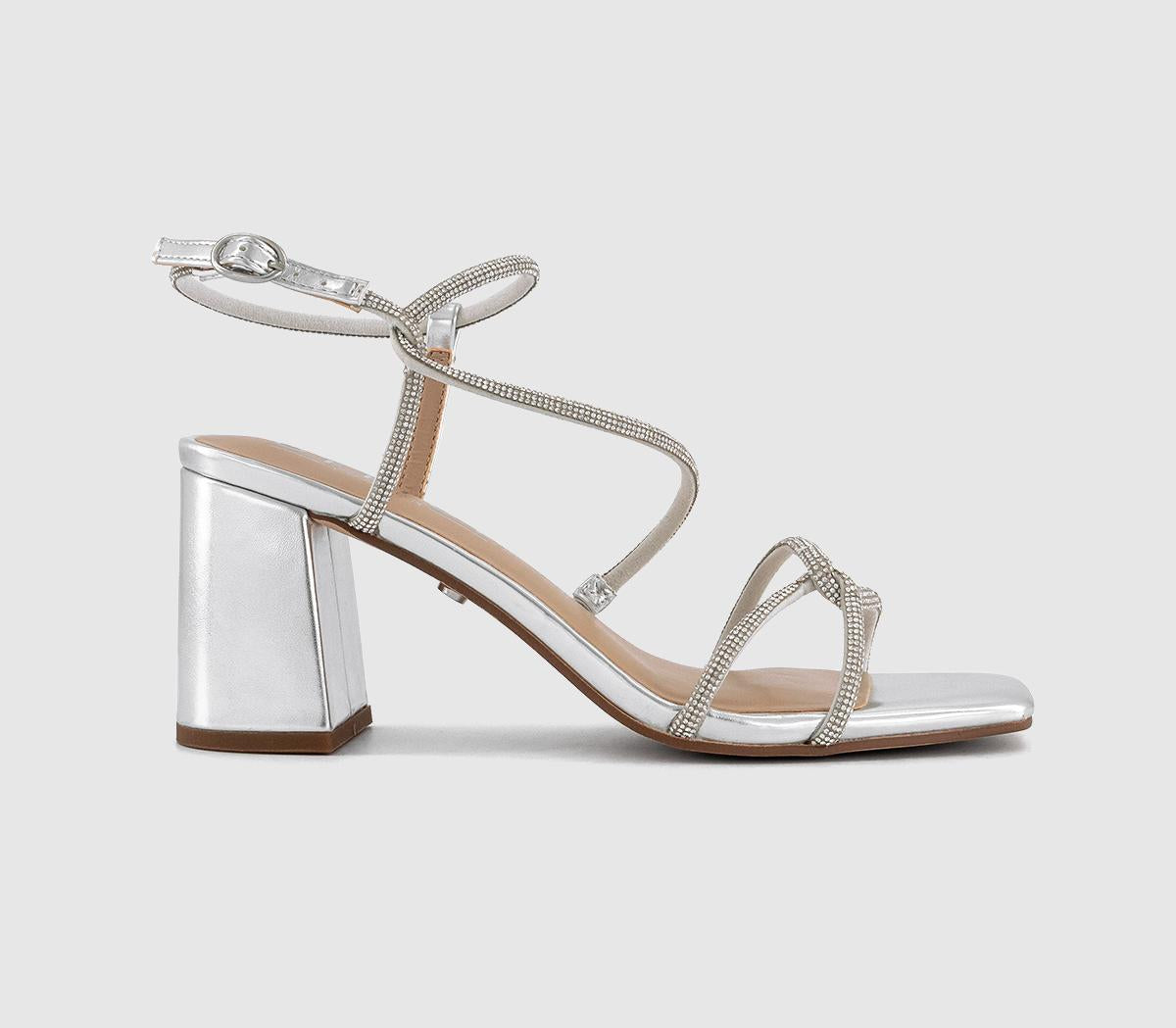 Womens OFFICE Mystique Strappy Block Heel Sandals Silver Embellished