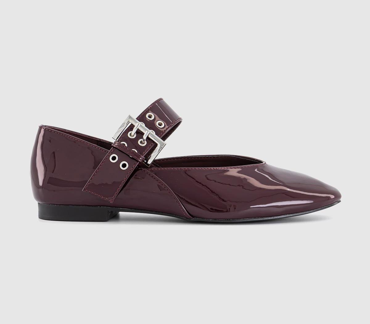 Womens OFFICE Fortune Single Strap Eyelet And Buckle Ballet Pumps Berry Patent