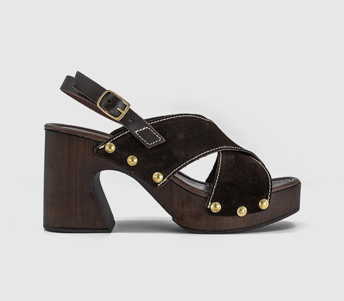 Womens OFFICE Miley Cross Over Wood Effect Heeled Sandals Chocolate Suede