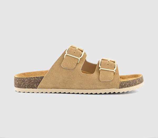 Womens OFFICE Sicily Double Buckle Footbed Sandals Taupe Suede