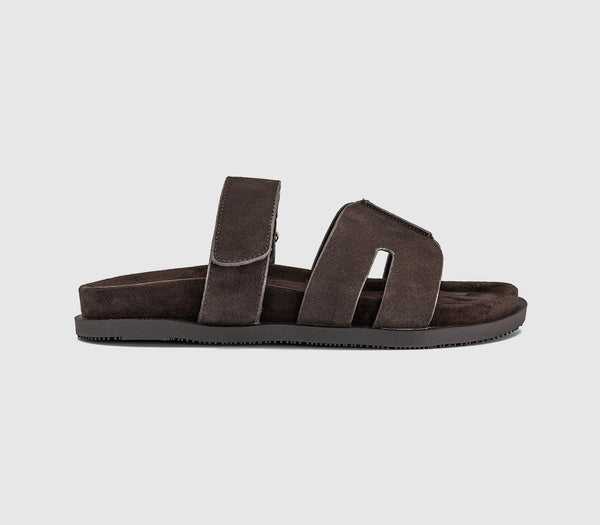 Mens OFFICE Stepney Cut Out Two Strap Footbed Sandals Brown Suede