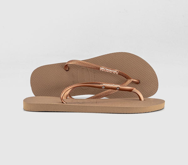 Womens Havaianas Slim Logo Metallic Flip Flops Rose Gold