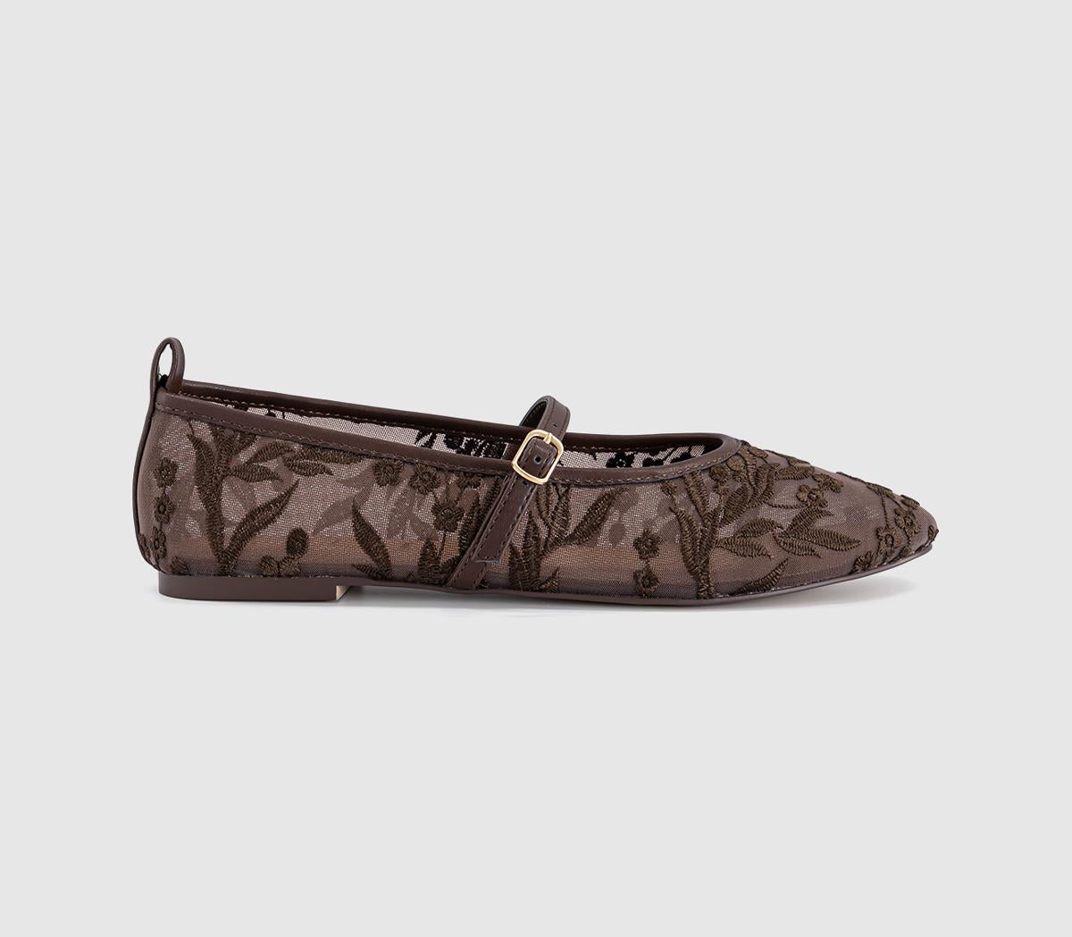 Womens OFFICE Forest Embroidered Mary Janes Ballet Pumps Brown
