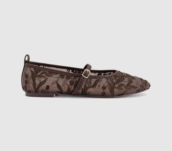 Womens OFFICE Forest Embroidered Mary Janes Ballet Pumps Brown