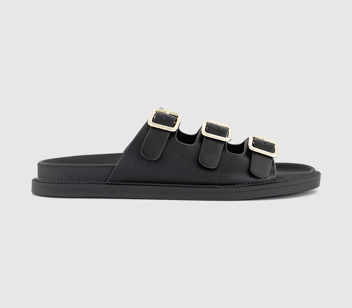 Womens OFFICE Saturn 3 Strap Footbed Sliders Black