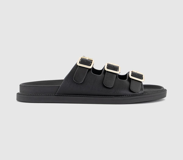 Womens OFFICE Saturn 3 Strap Footbed Sliders Black
