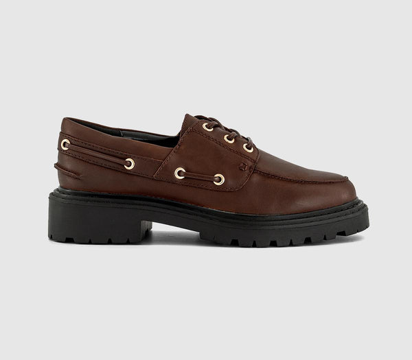 Womens OFFICE Flare Lace Up Chunky Boat Shoes Brown Leather