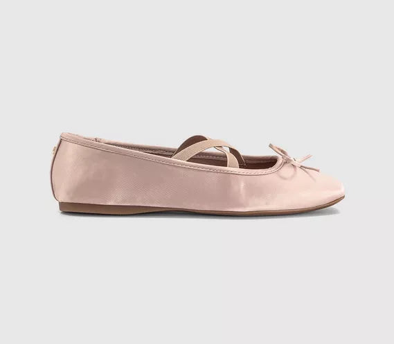 Womens OFFICE Fate Elastic Cross Strap Square Toe Ballerina Flats Pink Satin