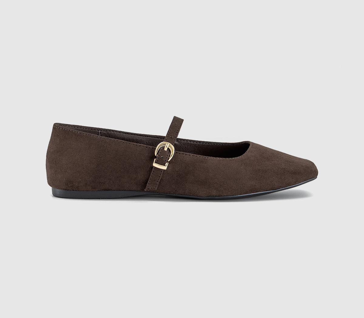Womens OFFICE Flourish Square Toe Mary Jane Ballet Pumps Brown Faux Suede