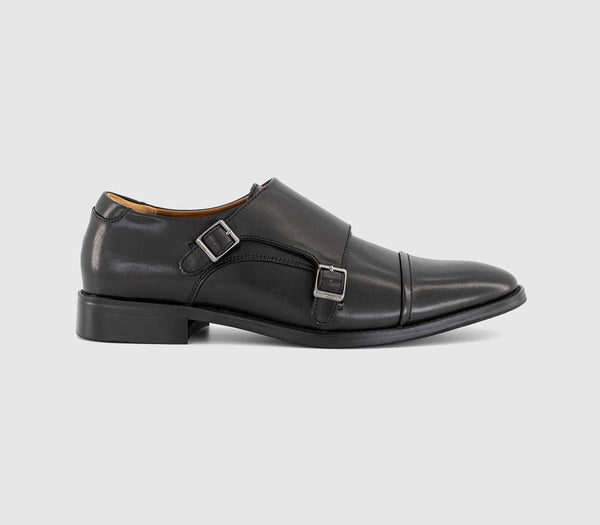 Mens OFFICE Mitchell Double Monk Strap Shoes Black Leather
