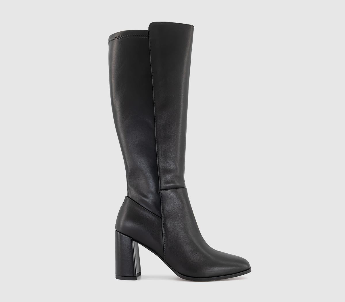 Womens OFFICE Krissie Stretch Back Heeled Knee Boots Black Leather