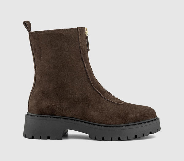 Womens OFFICE Atticus Front Zip Chunky Boots Brown Suede