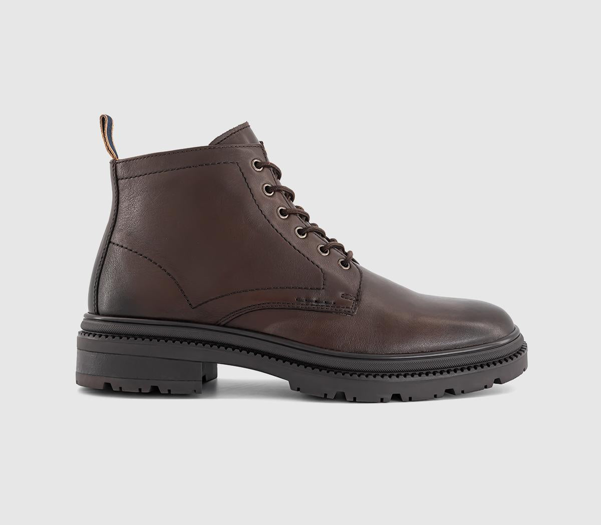 Mens OFFICE Bowie Chunky Leather Lace Boots Brown Leather