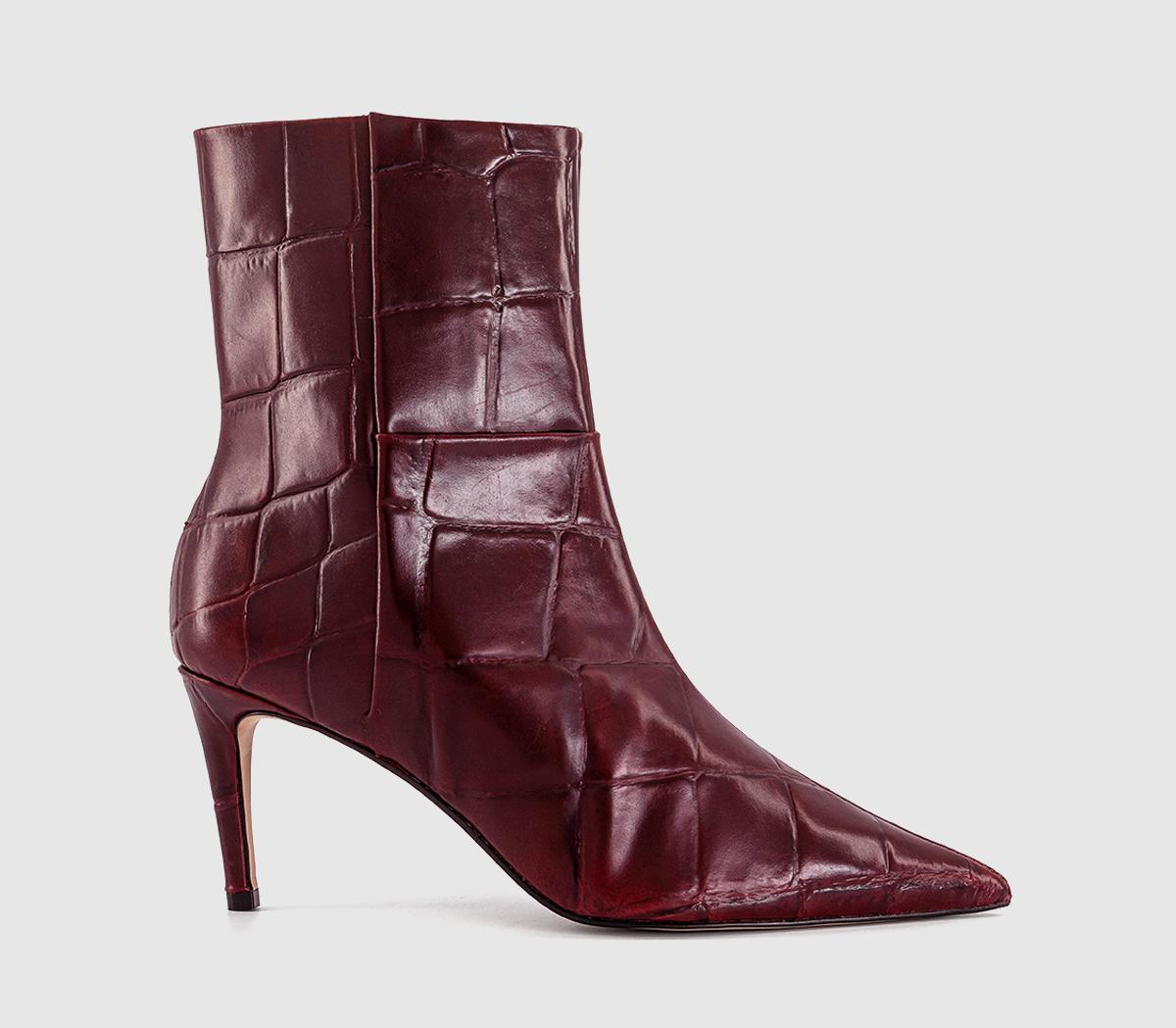 Womens OFFICE After Party Stiletto Ankle Boots Burgundy Croc Leather