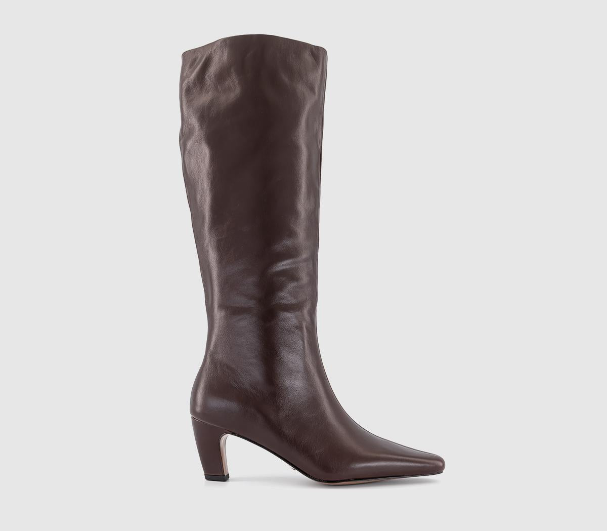 Womens OFFICE Kensington Curve Heel Knee High Boots Brown Leather - OFFCUTS SHOES by OFFICE