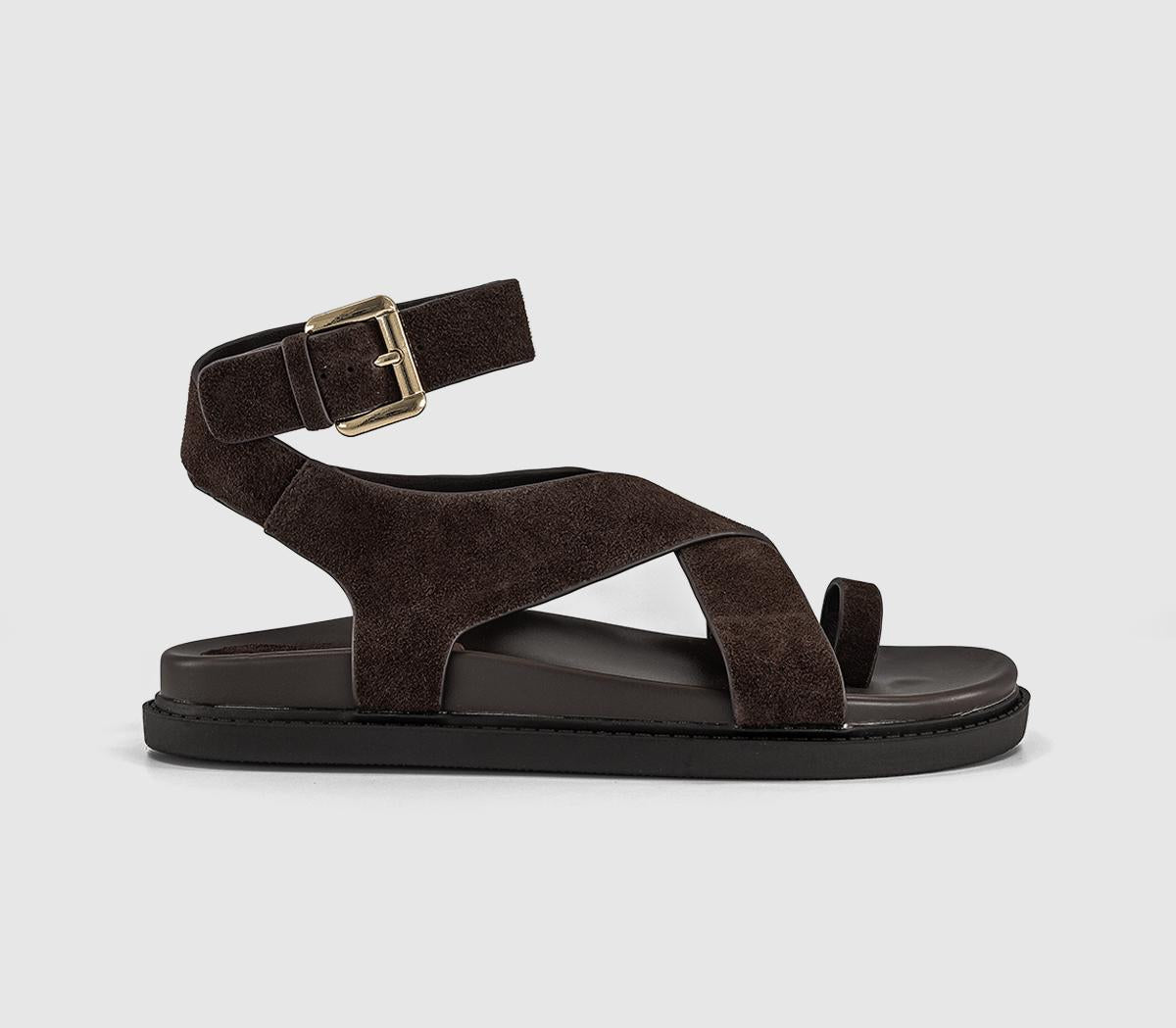 Womens OFFICE Simone Toe Loop Ankle Strap Footbed Sandals Brown Suede