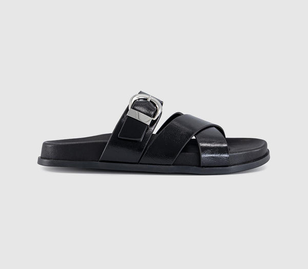 Womens OFFICE Stella Cross Strap Buckle Detail Footbed Sliders Black