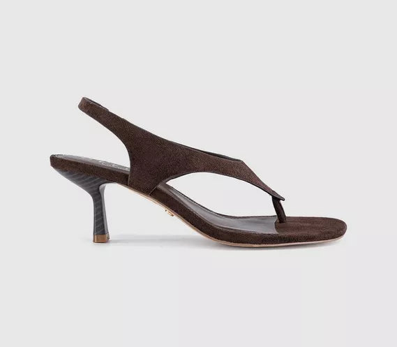 Womens OFFICE Mimi Toe Post Slingback Heels Brown Faux Suede
