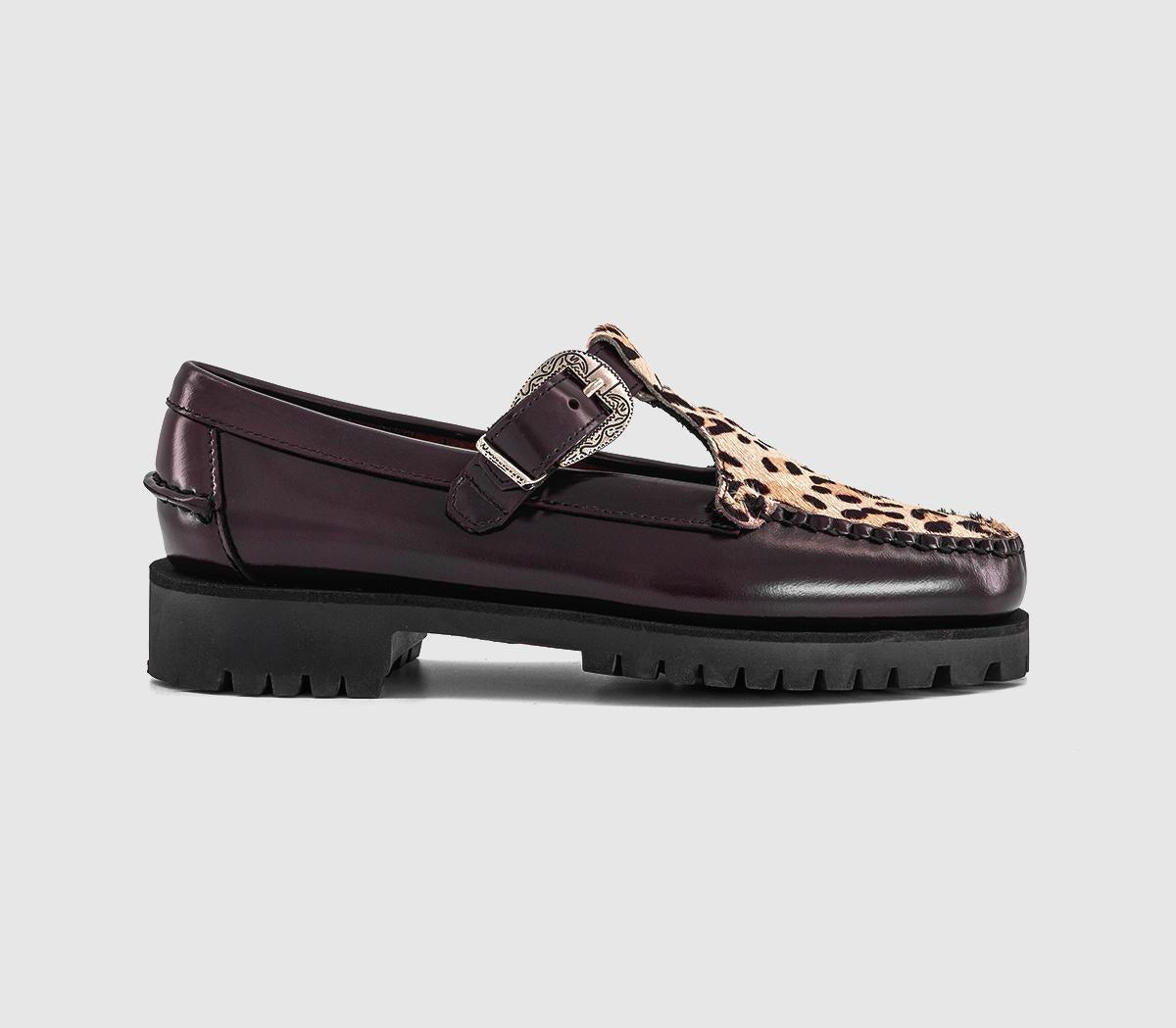 Womens Sebago Aurora T Bar Shoes Burgundy Leopard