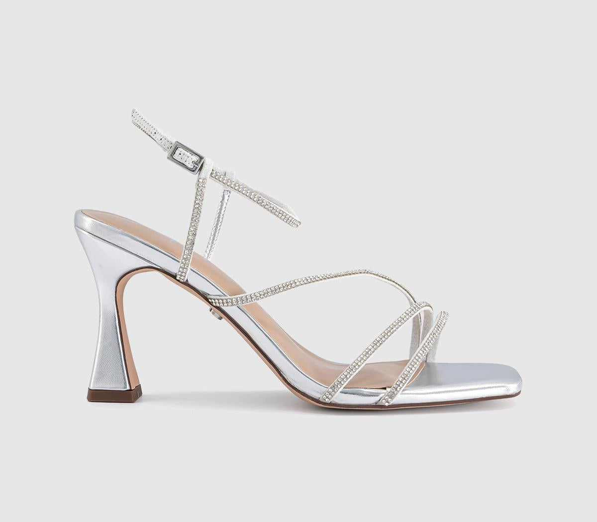 Womens OFFICE Heidi Strappy Sandal Heels Silver Embellished