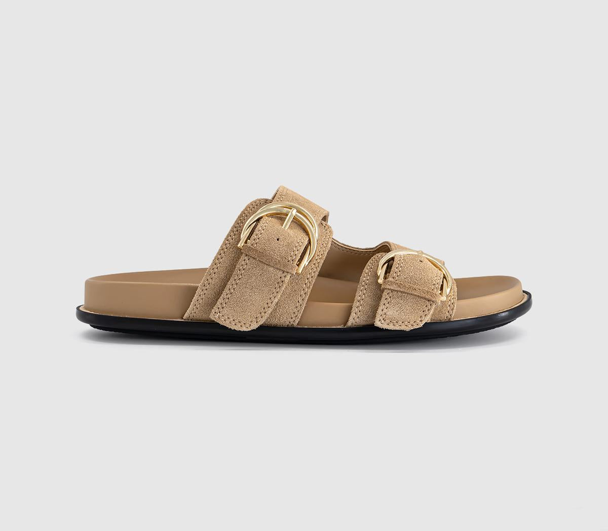 Womens OFFICE Shania Double Buckle Footbed Sandals Taupe Suede