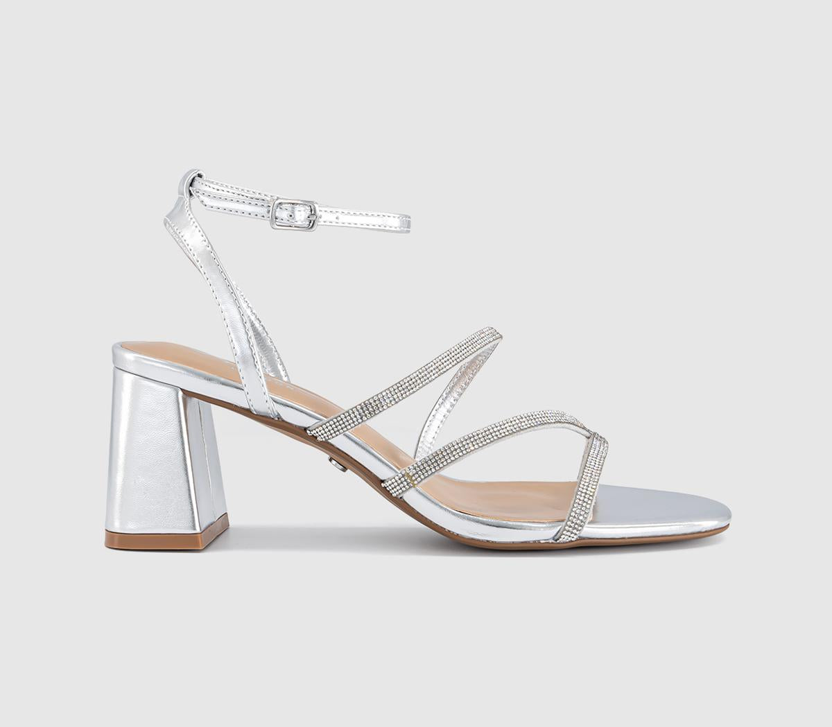 Womens OFFICE Malia Strappy Block Heeled Sandals Silver Embellished